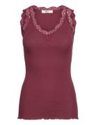 Rmwbalta Modal Sl Lace V-Neck Top Burgundy RM By Rosemunde