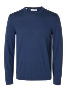 Slhtray Ls Knit Merino Crew Neck Noos Blue Selected Homme