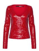 Sequins Ls V-Neck Top Red ROTATE Birger Christensen