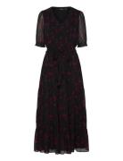 Floral Belted Crinkle Georgette Dress Black Lauren Ralph Lauren