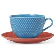 Lyngby Porcelæn Rhombe Color tekopp med fat 39 cl, blå/terrakotta