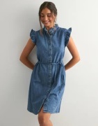 Only - Blå - Onlshania S/L Frill Dnm Dress Akm