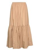 Cotton Poplin Maxi Flounce Skirt Lång Kjol Beige Ganni