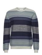 Knowledge Cotton Apparel Loose Striped Multicolored Crew Nec Blå