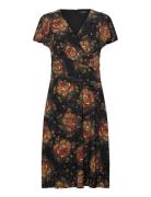 Floral Stretch Jersey Surplice Dress Knälång Klänning Black Lauren Ral...