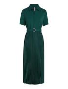 Visc Mix Pleated Polo Dress Ss Knälång Klänning Green Tommy Hilfiger