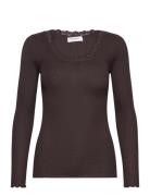 Silk T-Shirt W/ Lace Tops T-shirts & Tops Long-sleeved Brown Rosemunde