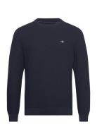 Cotton Textured C-Neck Tops Knitwear Round Necks Navy GANT