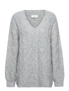 Cable Knit V-Neck Tops Knitwear Jumpers Grey Rosemunde