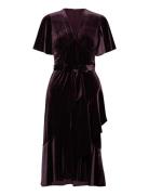 Lauren Ralph Lauren Belted Velvet Flutter-Sleeve Dress Burgundy