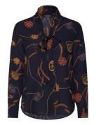 Lauren Ralph Lauren Belting-Print Georgette Tie-Neck Blouse Marinblå