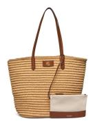 Lauren Ralph Lauren Leather-Trim Straw Large Brie Tote Bag Beige