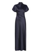 Malina Alivia Short Sleeve Satin Maxi Dress Marinblå